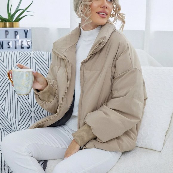 SHEIN Khaki Drop Shoulder Zip Up Puffer Jacket - Picture 4 of 9